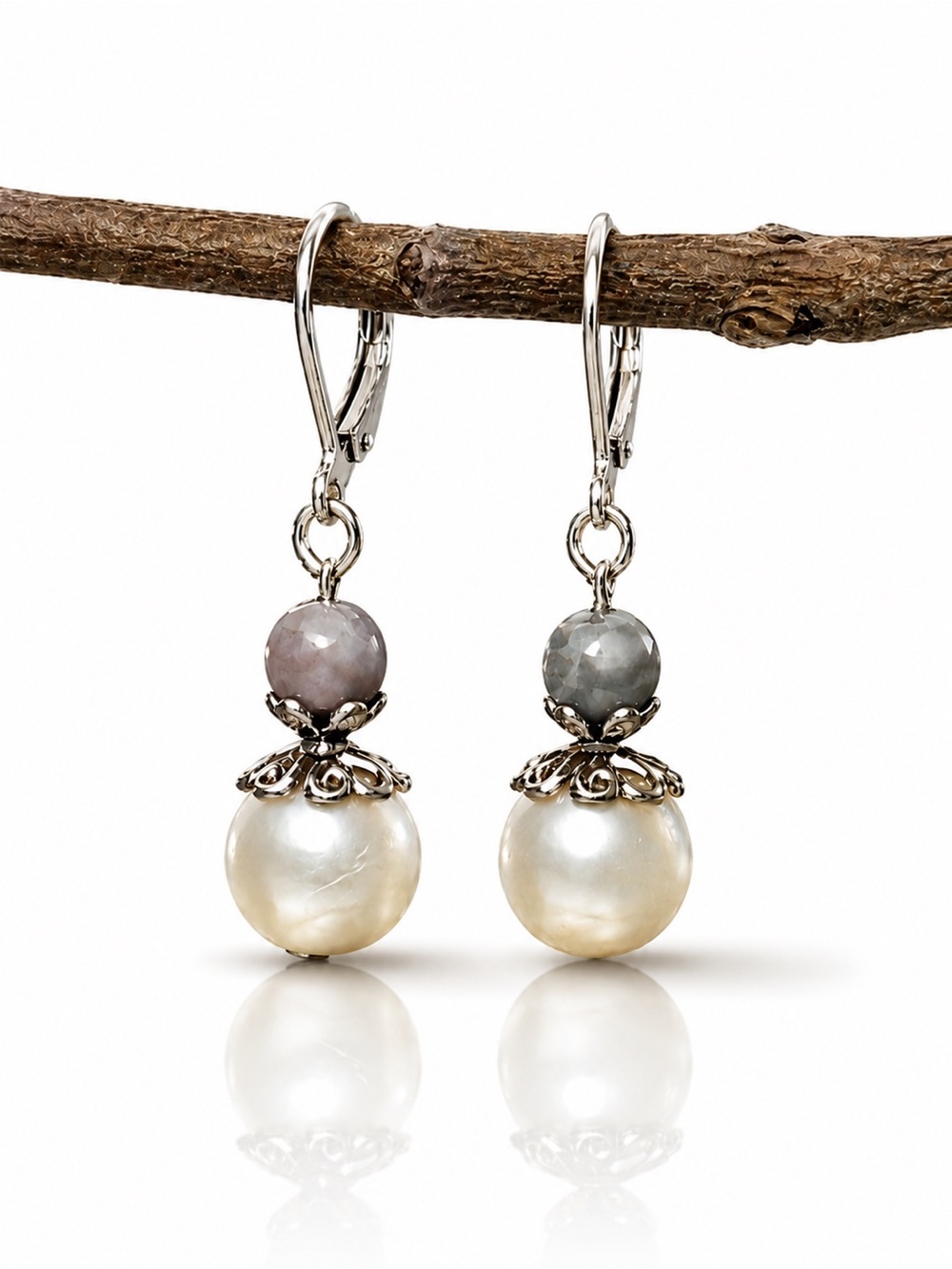 Boho Pearl Drop Earrings, Mixed Stone Beads, Artisan Dangle